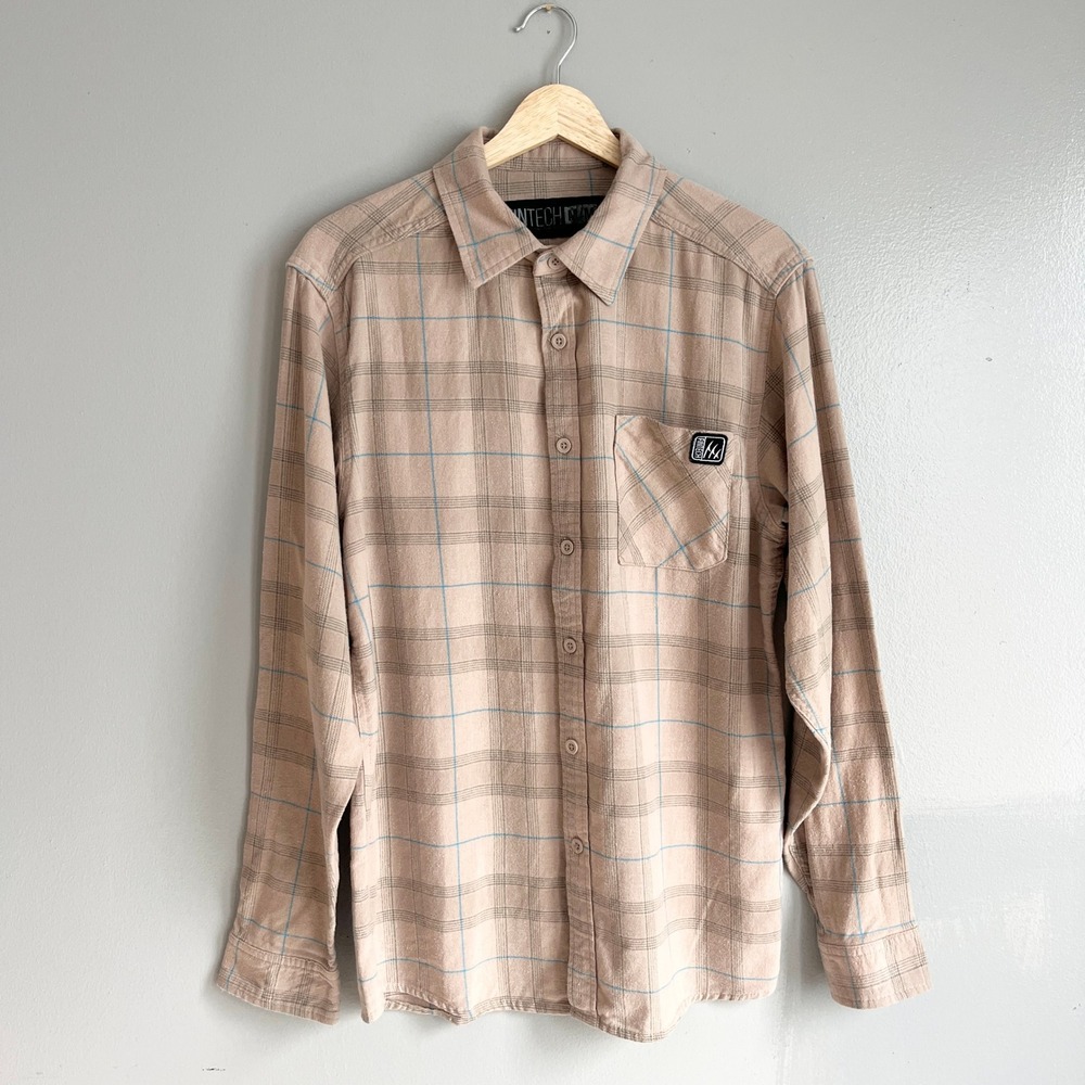 Fintech Mens Long Sleeve Plaid Flannel Button Down Shirt Tan‎ Blue Size M